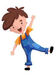 Vector cheerful boy in blue overalls and yellow t-shirt waving his hand greeting you