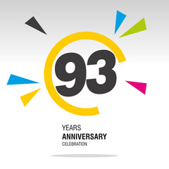 93 Years Anniversary, number in broken circle with colorful bang of confetti, logo, icon, white background