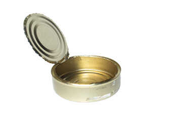 A tin can is opened with a can opener. isolated