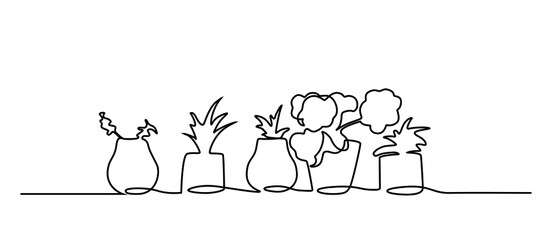 Set of continuous one line drawing of a flowers in a pots. Beautiful flowers isolated on a white background. Vector illustration Potted plants Family One Line Hand Drawn Illustration.