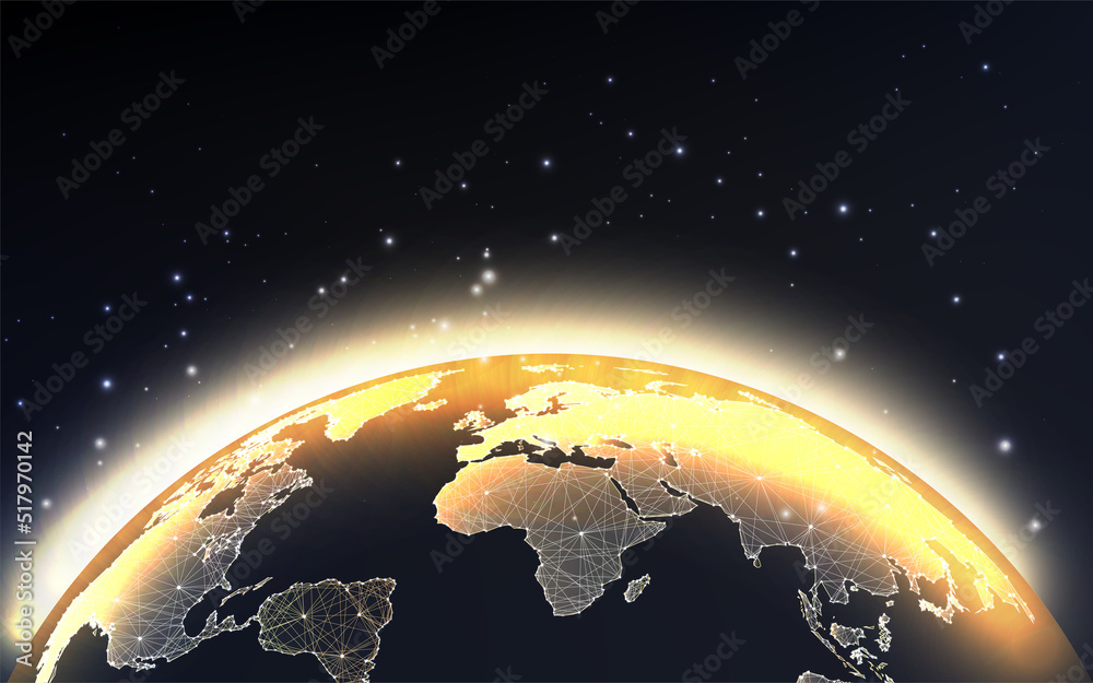 Wall mural gold planet earth globe map view from space concept banner in futuristic glowing style on black