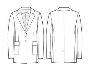 Classic Jacket technical fashion illustration, single breasted. Oversized Jacket fashion flat template, front, back view, white color. Women, men, unisex CAD mockup.