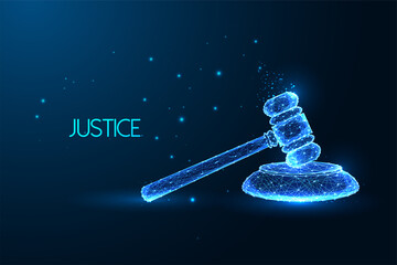 Justice, law, court concept with judge gavel in futuristic glowing low polygonal style on dark blue  - obrazy, fototapety, plakaty