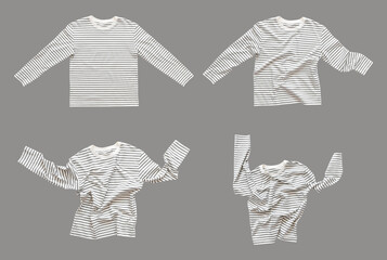 Collection of flying striped longsleeves, t-shirts, jumpers isolated on gray background. Women's...