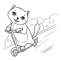 Kitten on a scooter. Summer entertainment. Coloring book for children. Vector illustration isolated on white background.