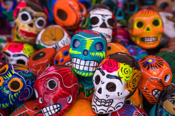 Fototapeta na wymiar Decorated colorful skulls at market, day of dead, Mexico