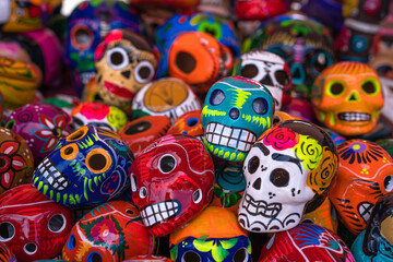 Fototapeta na wymiar Decorated colorful skulls at market, day of dead, Mexico