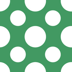 Seamless pattern with white polka dots on a green background. Print for bed, tablecloth, clothes, skirt, doilies, shirts, dresses, hipster fashion.
