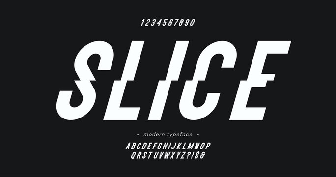 Vector slice font slanted style modern typography for decoration, industrial, logo, poster, t shirt, book, card, sale banner, printing on fabric. Cool 3d typeface. Trendy alphabet. 10 eps