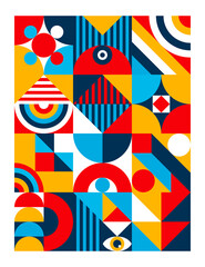 Bauhaus vector cover design 20s minimal style with geometry figures and shapes circle, triangle. square. Human psychology and mental health concept illustration. 10 eps