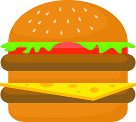 Juicy burger with cutlet, tomato, cheese and lettuce leaves. Vector illustration isolated on a white background.