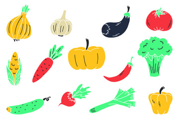 Hand drawn colored vegetables collection isolated elements vector design.