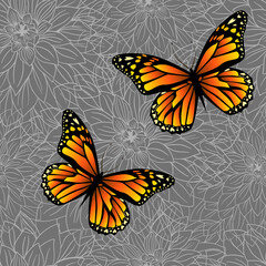 Gray floral background with orange butterflies. Vector illustration