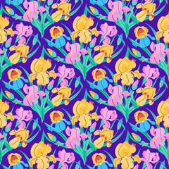 Iris flowers seamless pattern with leaves on blue background. Summer vector bright floral botanical illustration for branding, package, fabric and textile, wrapping paper