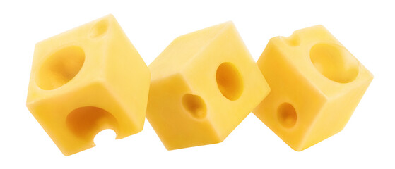 Three delicious cheese cubes, isolated on white background