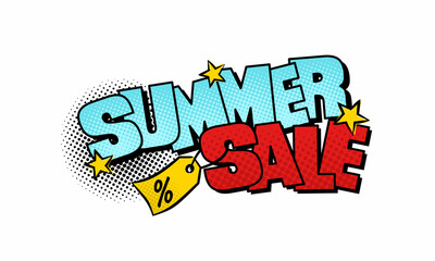 Bright comic logo for Summer season discount or sale. Pop art stars and halftones. Element for web design, flyers, banners, coupons, applications and posters. Cartoon Vector illustration