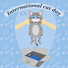 Illustration with a gray cat out of the box in honor of the International Cat Day