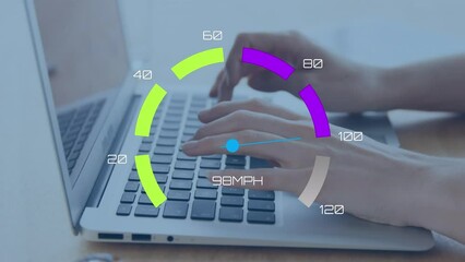 Speedometer data processing over mid section of a woman using laptop - Powered by Adobe