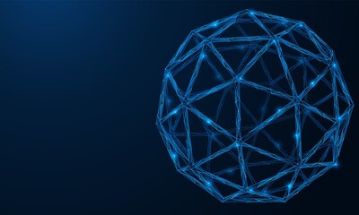 Polyhedral geometric figure. A low-poly construction of interconnected lines and dots. Blue background.