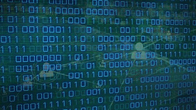 Binary coding data processing over network of profile icons against green background