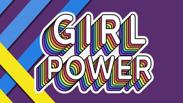 Digital animation of rainbow girl power text over blue and yellow stripes on purple background