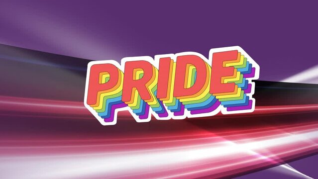 Digital animation of rainbow pride text banner over pink light trails against purple background