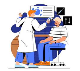 Medical examination, health checkup. Male infectious disease specialist measures patient body temperature. Prevention and treatment of viral and bacterial infection. Cartoon flat vector illustration
