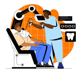 Medical examination and health checkup. Young male dentist treats patient teeth and removes caries. Dentistry or Stomatology and oral care. Hygienic teeth cleaning. Cartoon flat vector illustration