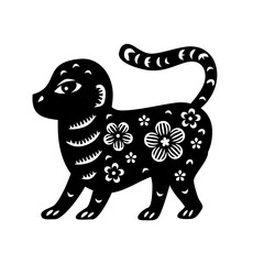 Chinese Zodiac New Year sign monkey. Traditional china horoscope animal. Silhouette of animal, painted in Chinese graphic style with floral ornate. Vector illustration. Paper cut