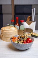 Seafood salad on a plate in a restaurant. Fresh seafood for a healthy diet. Diet food, exotic cuisine