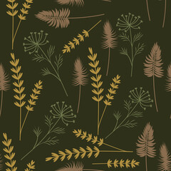 Seamless pattern with dried field flowers on a dark background. Vector Illustration.