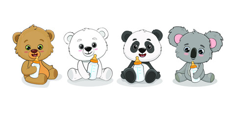 Teddy bear, baby panda, koala cub and polar bear with milk bottle. Set of cartoon baby animals. Vector illustration