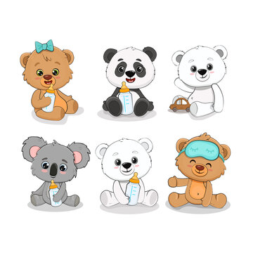 Set of cute cartoon animals. Teddy bear, polar bear, little panda, baby koala for invitations, cards, banners and labels.