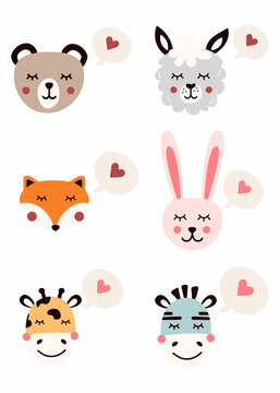 A set of cute animals in love. Love message in speech bubble. Vector illustration for children's clothes.