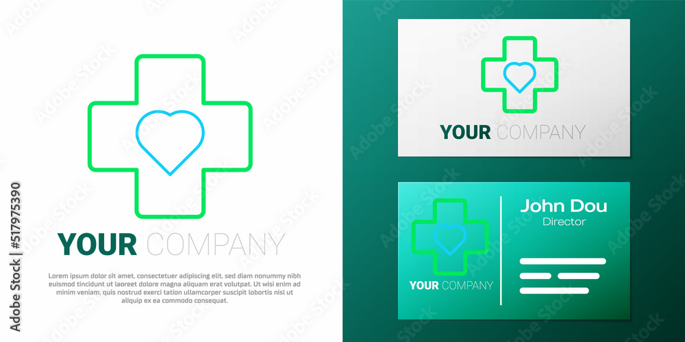 Sticker Line Heart with a cross icon isolated on white background. First aid. Healthcare, medical and pharmacy sign. Colorful outline concept. Vector