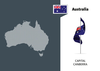 Flag of Australia on white background. Dotted map of Australia with Capital name - Canberra.