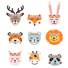 Fototapeta premium Set of cute animals in floral wreaths. Animal heads with flowers. A beautiful print for children's t-shirts.
