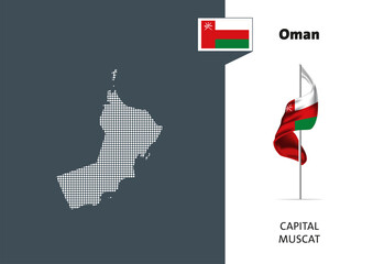 Flag of  Oman on white background. Dotted map of Oman with Capital name - Muscat.
