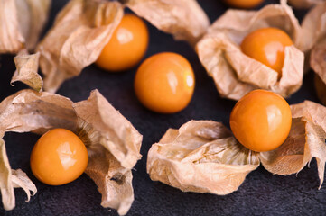 Physalis fruits -Physalis Peruviana- with skin on gray background, close up