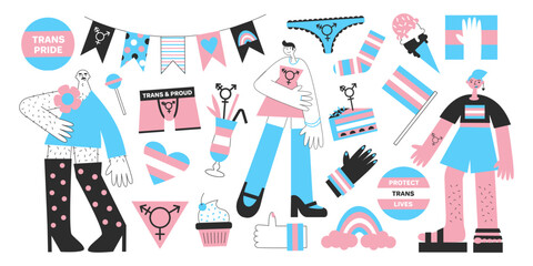 Transgenders mtf and ftm with trans symbols and colors. Genderqueer and crossdressers rights concept. LGBTQ+ equality and pride vector flat illustration set. Social and medical transition. - obrazy, fototapety, plakaty