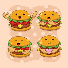 4 Burger Mascot Emoticon Vector Set Design