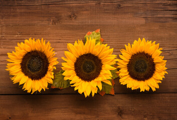 Autumn greeting card concept. Holiday fresh sunflowers on wooden table.