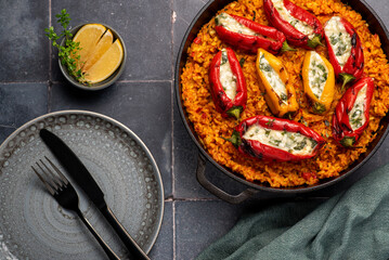 Food photography of risotto, stuffed peppers, feta, mozzarella