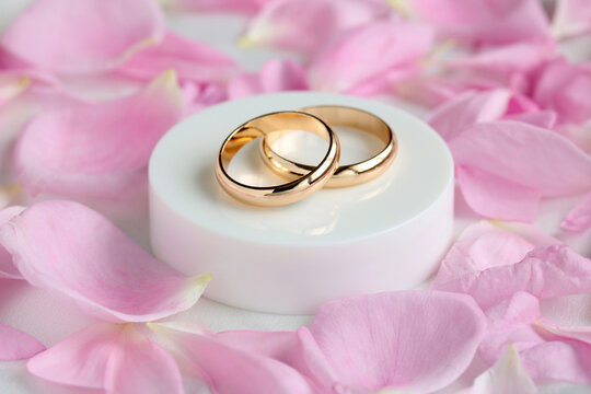 Two Gold Rings And Pink Rose Petals.