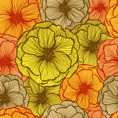 Poppy flower doodle  floral vector seamless pattern summer  fabric print design. Line texture petals