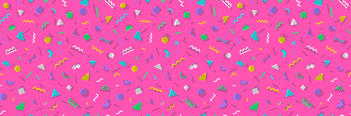 Memphis seamless pattern pink color consisting geometry shape and lines on white background for banner, party poster. Vector Illusration 10 eps