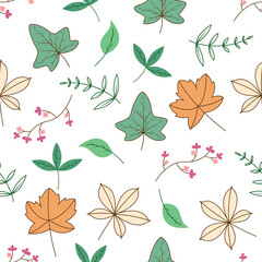 Vector illustration seamless pattern leaves and flowers on white background.