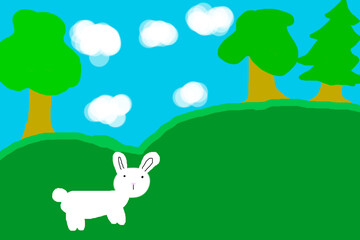 White bunny in the forest among the trees.Children's drawing.