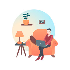 girl with laptop. Freelance or studying concept. Homework, work at home. Cute illustration in flat style.