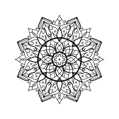 Mandala silhouette print for adult coloring book. Decorative round floral ornament. Oriental vector illustration, anti stress therapy, design or decor for yoga and meditation. Geometric flower shape.